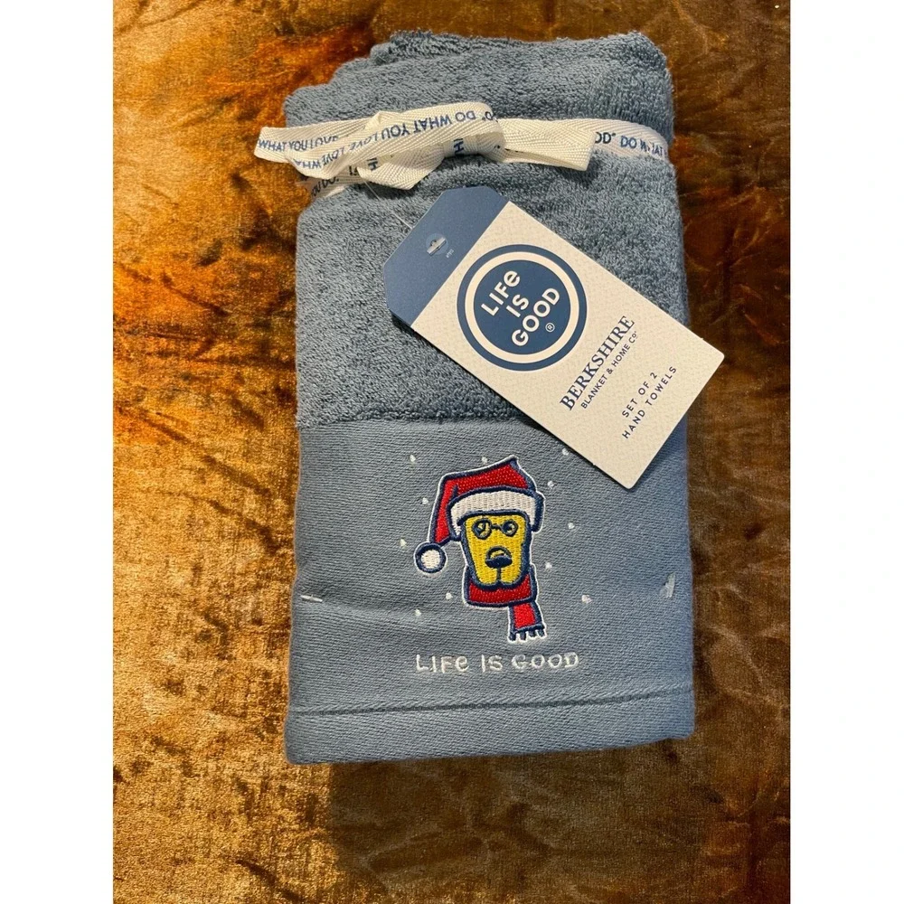 Life is Good Berkshire Christmas Hand Towels Set of 2 Blue Santa Dog Rocket NWT